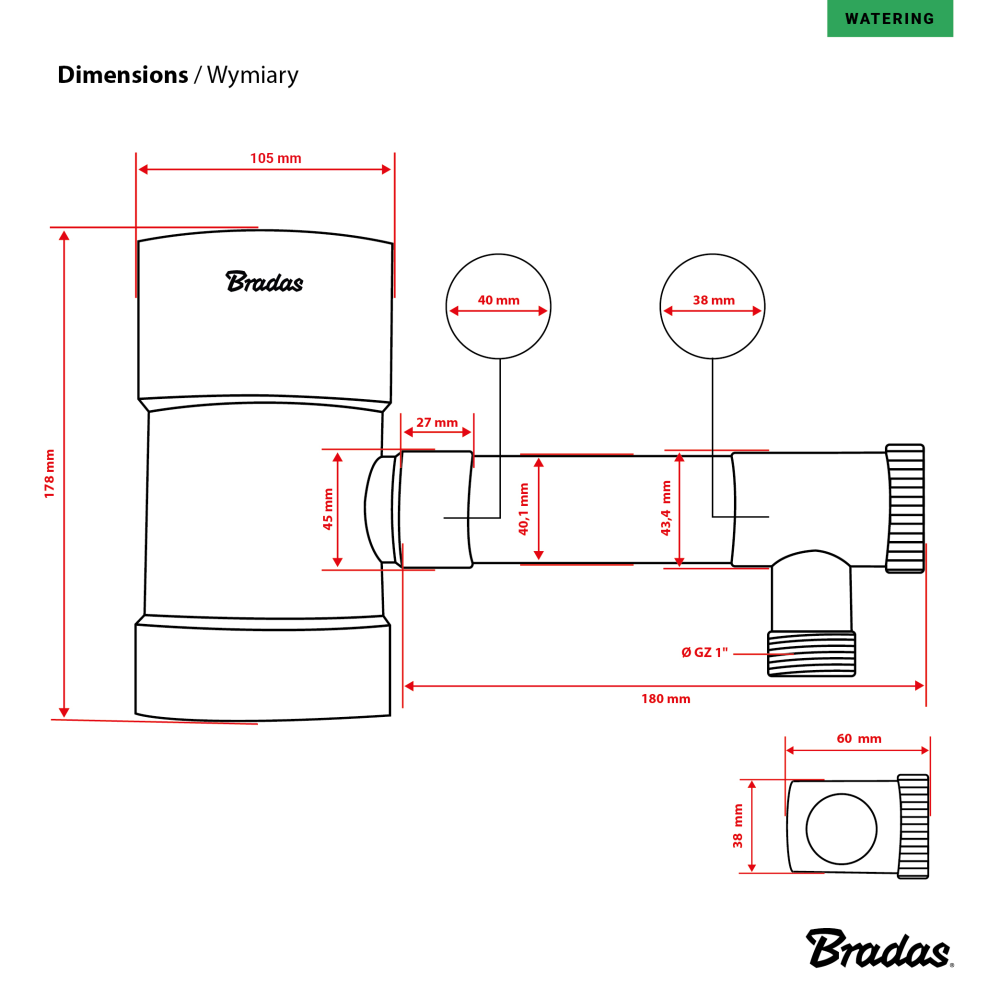 Zbieracz, łapacz wody deszczowej z zaworem, BRADAS 100mm, Brązowy — 11