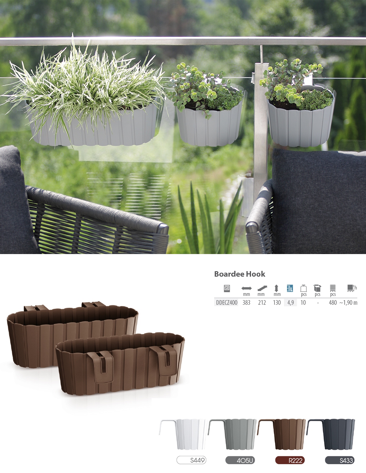 Skrzynka balkonowa Boardee Hook DDECZ400 | Antracyt, Kształt Prostokątny, Wymiary 21.2x38.3x13 cm, Kolor Antracyt, Prosperplast