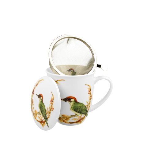 KUBEK Z ZAPARZACZEM POKRYWKĄ DO ZIÓŁ HERBATY DUO DZIĘCIOŁ NA PREZENT 400 ML