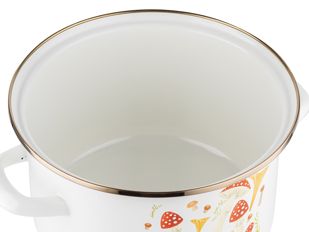 GARNEK EMALIOWANY BIAŁY GRZYBY ZŁOTE OKUCIE EMALIA PLESZEW 18 CM 2,65 L