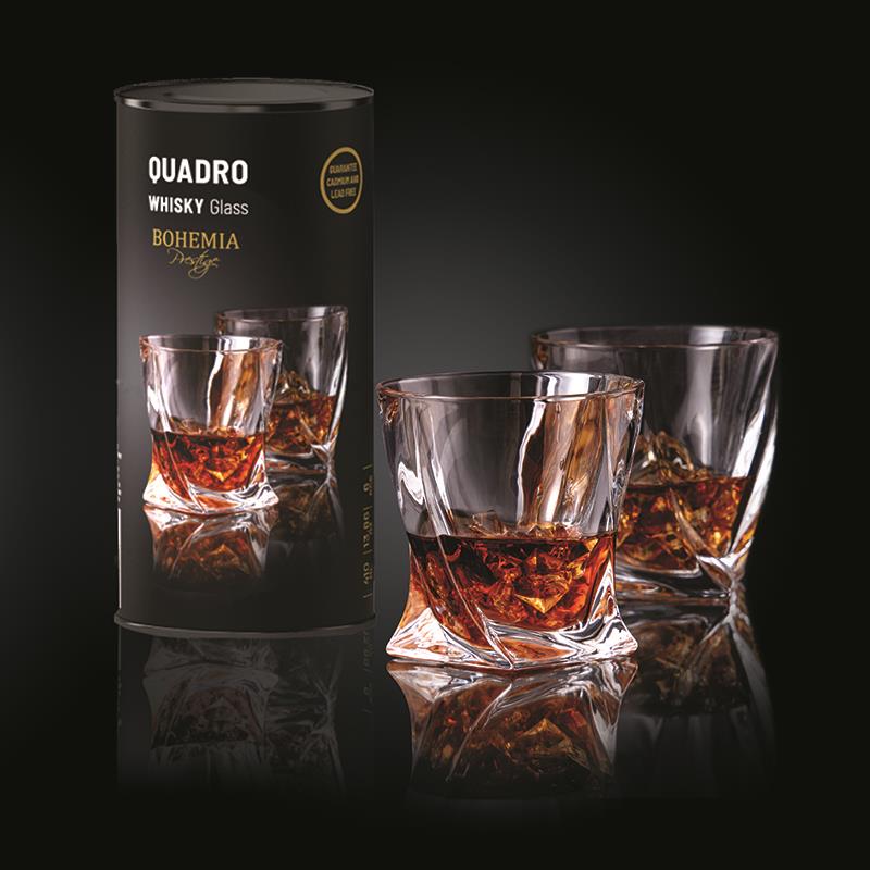 SZKLANKI KRYSZTAŁOWE DO WHISKY BOHEMIA QUADRO 340 ML X 2 TUBA NA PREZENT