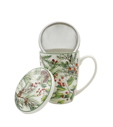 KUBEK Z ZAPARZACZEM POKRYWKĄ DUO ŚWIĘTA GAŁĄZKI CHOINKI 360 ML
