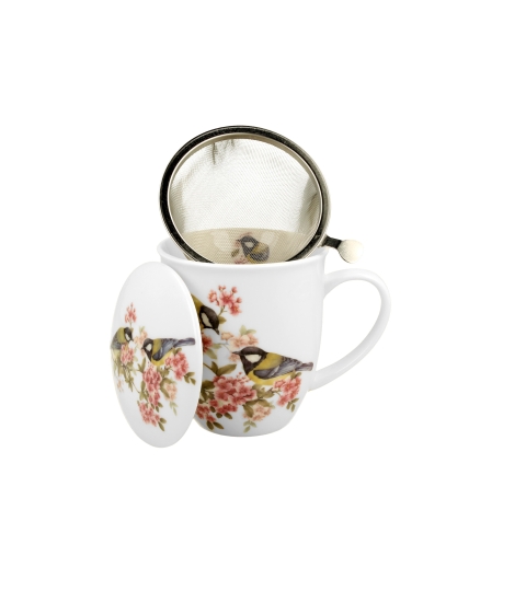 KUBEK Z ZAPARZACZEM POKRYWKĄ DO ZIÓŁ HERBATY DUO SIKORKI NA PREZENT 400 ML