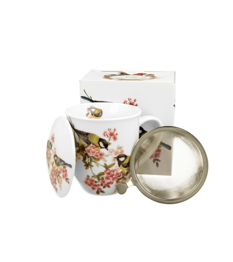KUBEK Z ZAPARZACZEM POKRYWKĄ DO ZIÓŁ HERBATY DUO SIKORKI NA PREZENT 400 ML