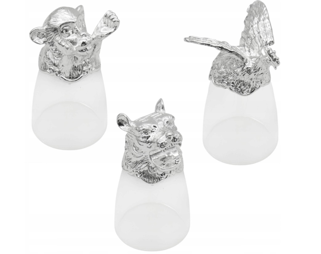 ZESTAW KIELISZKÓW DO WÓDKI SREBRNE ZWIERZĘTA X 12 SZT