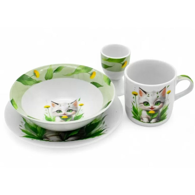 ZESTAW PORCELANOWY DZIECIĘCY OBIADOWY BELLA FIORE KOT KOTEK  X 4 EL.