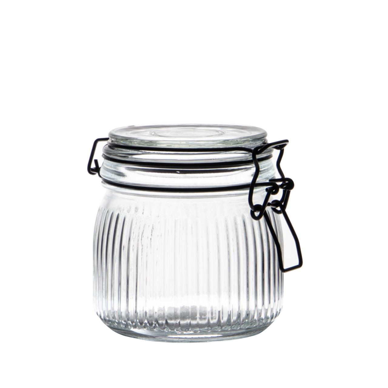 SŁOIK SZKLANY Z KLIPSEM CZARNĄ KLAMRĄ WEK RYFLOWANY PRĄŻKOWANY OSKAR 0,5 L