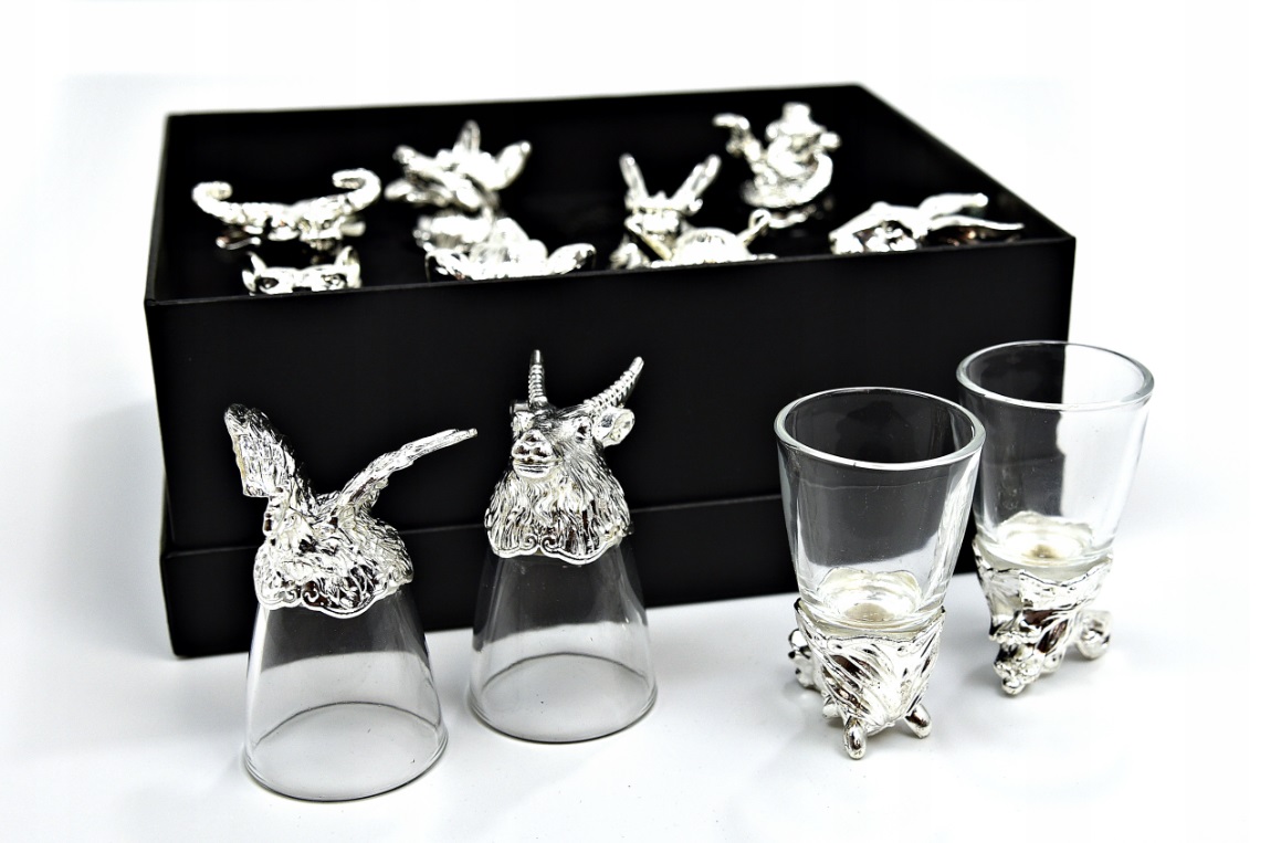 ZESTAW KIELISZKÓW DO WÓDKI SREBRNE ZWIERZĘTA X 12 SZT