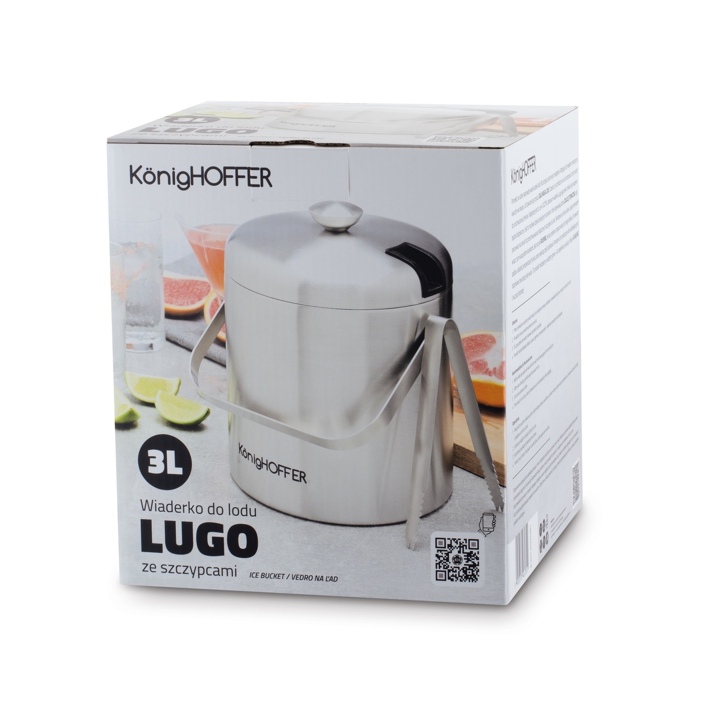 POJEMNIK Z POKRYWKĄ + SCZYPCE NA LÓD KONIGHOFFER LUGO 3 L SREBRNY SATYNA