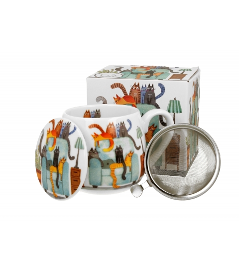 KUBEK Z ZAPARZACZEM I POKRYWKĄ DO ZIÓŁ DUO KOTY NA FOTELU 430 ML