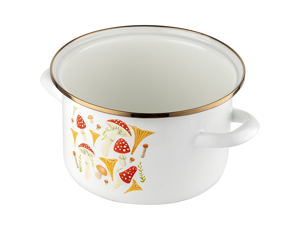 GARNEK EMALIOWANY BIAŁY GRZYBY ZŁOTE OKUCIE EMALIA PLESZEW 18 CM 2,65 L