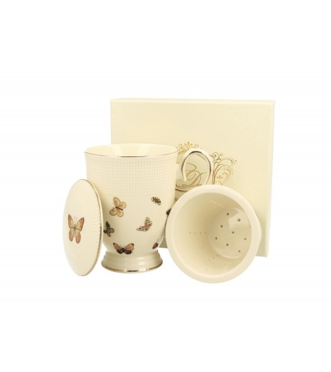 KUBEK Z ZAPARZACZEM POKRYWKĄ PORCELANOWY DUO ECRU MOTYLKI 400 ML PREZENT
