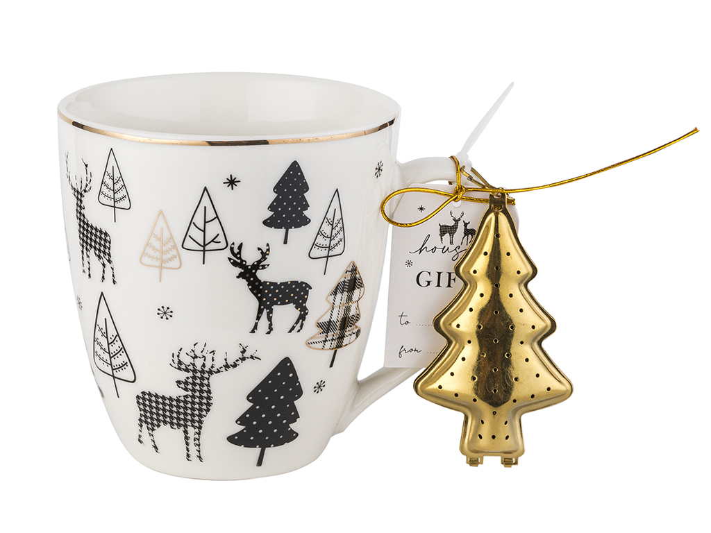 KUBEK PORCELANOWY + ZŁOTY ZAPARZACZ W KSZTAŁCIE CHOINKI 600 ML ŚWIĘTA