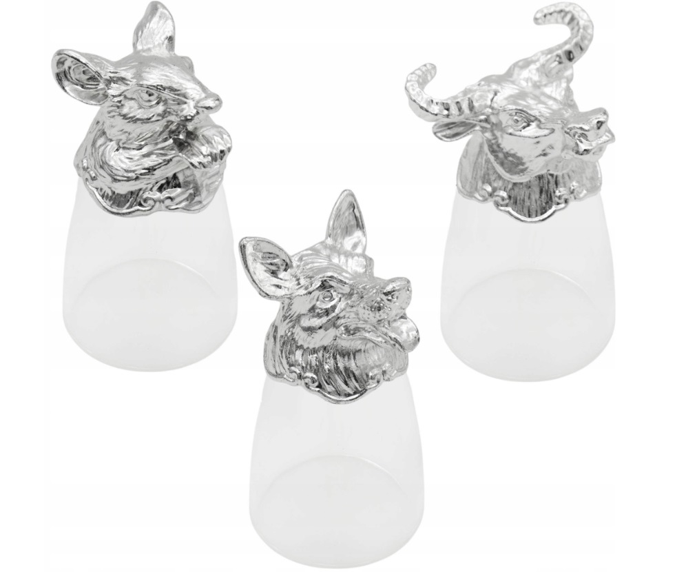 ZESTAW KIELISZKÓW DO WÓDKI SREBRNE ZWIERZĘTA X 12 SZT
