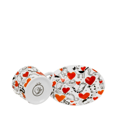 FILIŻANKA ZE SPODKIEM DUO KOTY SERCA WALENTYNKI NA PREZENT 230 ML