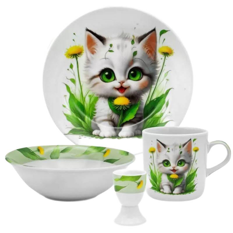 ZESTAW PORCELANOWY DZIECIĘCY OBIADOWY BELLA FIORE KOT KOTEK  X 4 EL.