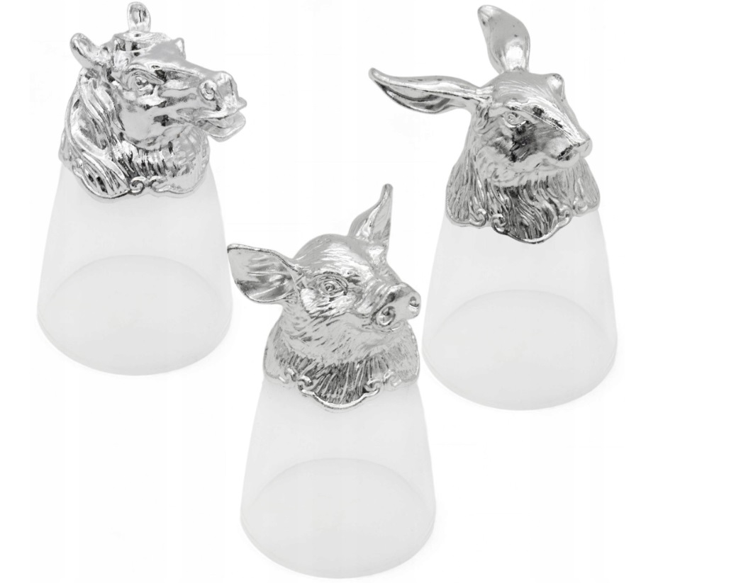 ZESTAW KIELISZKÓW DO WÓDKI SREBRNE ZWIERZĘTA X 12 SZT