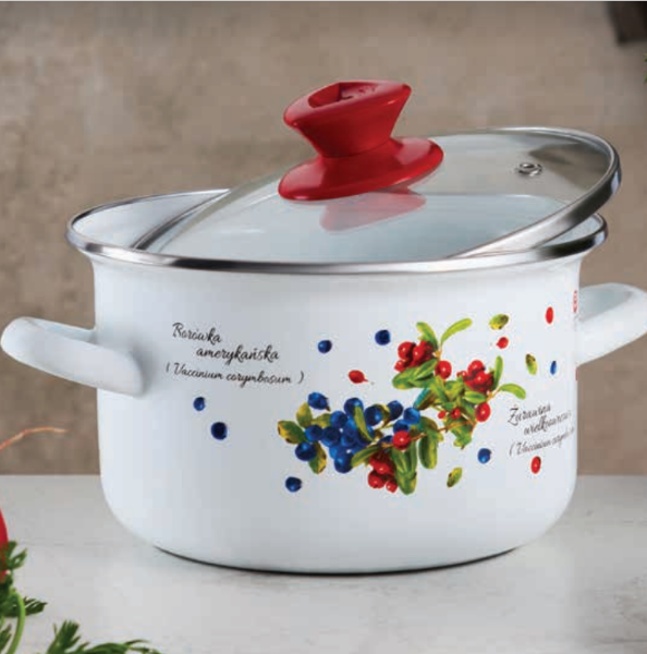 GARNEK EMALIOWANY Z POKRYWKĄ SZKLANĄ OLKUSZ BORÓWKA ŻURAWINA 5 L 22 CM