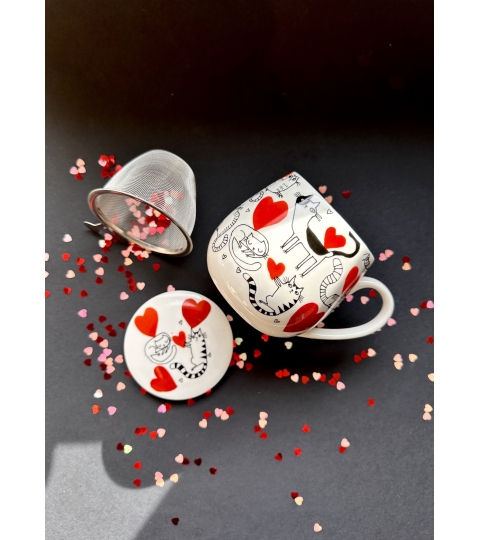 KUBEK Z ZAPARZACZEM I POKRYWKĄ KOTY DUO KOCI ŚWIAT SERCA 430 ML