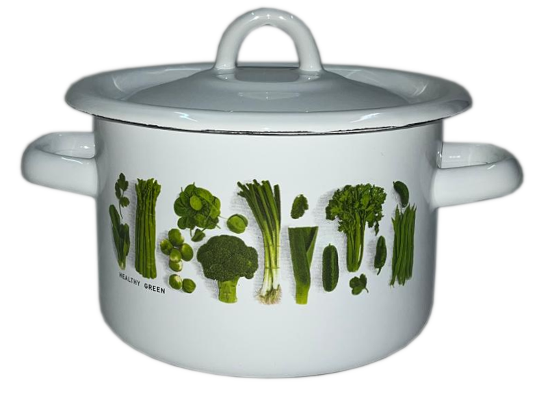 GARNEK EMALIOWANY Z POKRYWKĄ NET-POL BIAŁY WARZYWA ZIELONE 20 CM 4,5 L