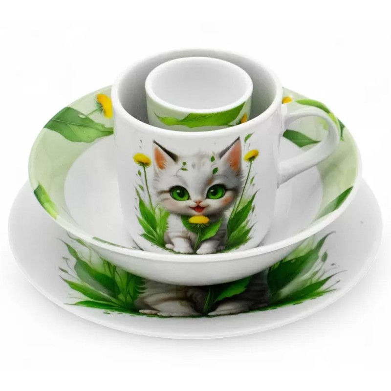 ZESTAW PORCELANOWY DZIECIĘCY OBIADOWY BELLA FIORE KOT KOTEK  X 4 EL.