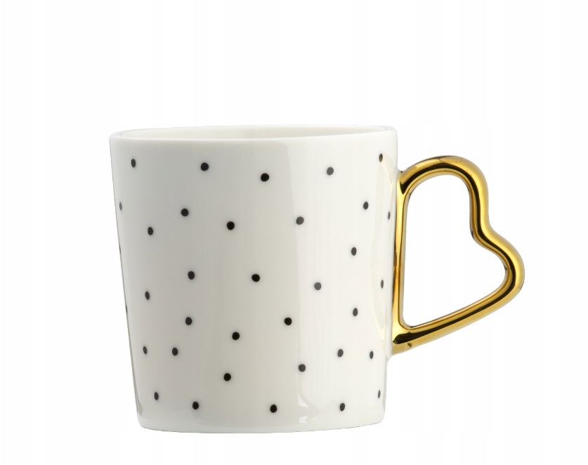 KUBEK PORCELANOWY BIAŁY AMBITION AMORE KROPKI ZŁOTE UCHO 400 ML