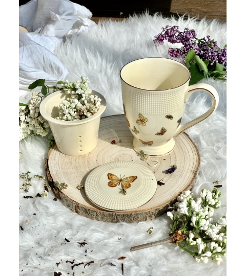 KUBEK Z ZAPARZACZEM POKRYWKĄ PORCELANOWY DUO ECRU MOTYLKI 400 ML PREZENT