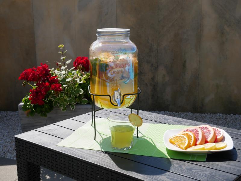 SŁOIK SZKLANY TĘCZOWY Z KRANIKIEM STOJAK  CZARNY WODĘ LEMONIADĘ APEROL 4 L