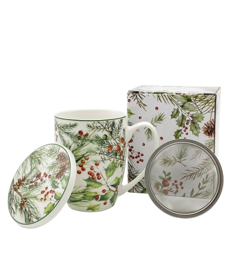 KUBEK Z ZAPARZACZEM POKRYWKĄ DUO ŚWIĘTA GAŁĄZKI CHOINKI 360 ML