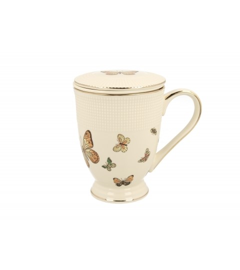 KUBEK Z ZAPARZACZEM POKRYWKĄ PORCELANOWY DUO ECRU MOTYLKI 400 ML PREZENT