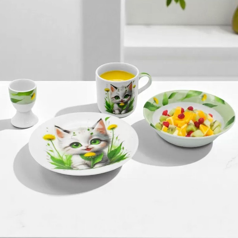 ZESTAW PORCELANOWY DZIECIĘCY OBIADOWY BELLA FIORE KOT KOTEK  X 4 EL.