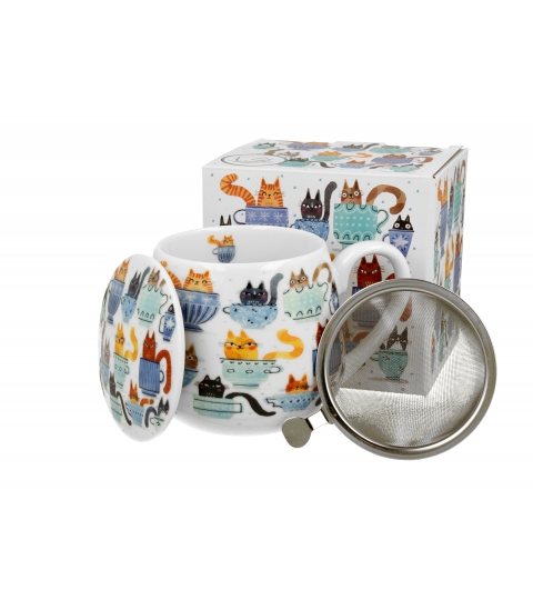 KUBEK Z ZAPARZACZEM I POKRYWKĄ DO ZIÓŁ DUO KOTY W FILIŻANKACH 430 ML