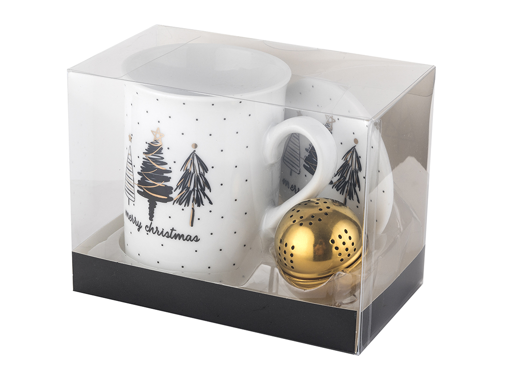 KUBEK Z POKRYWKĄ I ZŁOTYM ZAPARZACZEM 280 ML ŚWIĘTA CHOINKI NA PREZENT