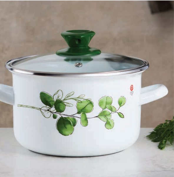 GARNEK EMALIOWANY Z POKRYWKĄ SZKLANĄ OLKUSZ EUKALIPTUS 3,8 L 20 CM