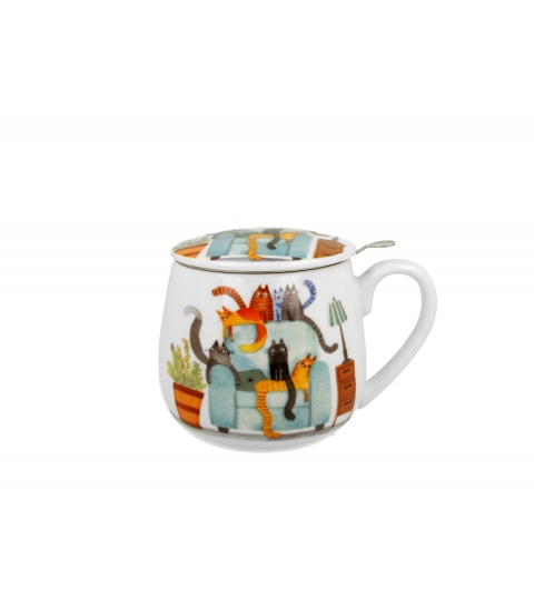 KUBEK Z ZAPARZACZEM I POKRYWKĄ DO ZIÓŁ DUO KOTY NA FOTELU 430 ML