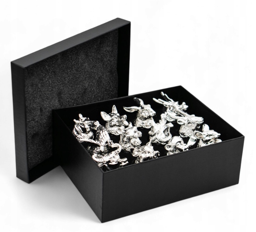 ZESTAW KIELISZKÓW DO WÓDKI SREBRNE ZWIERZĘTA X 12 SZT