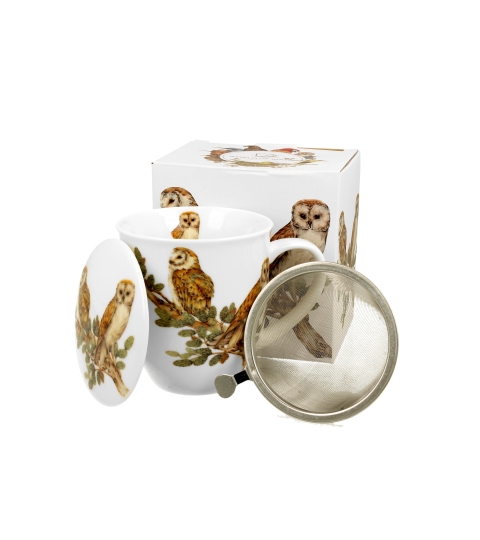 KUBEK Z ZAPARZACZEM POKRYWKĄ DO ZIÓŁ HERBATY DUO SOWY NA PREZENT 400 ML