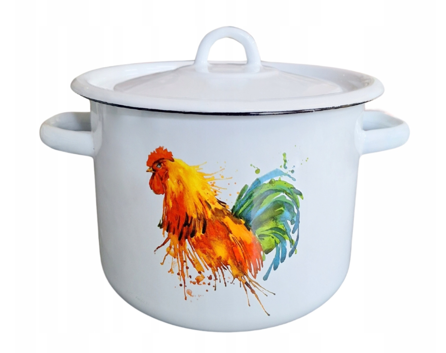 GARNEK EMALIOWANY Z POKRYWKĄ NET-POL BIAŁY KOGUT 16 CM 2 L