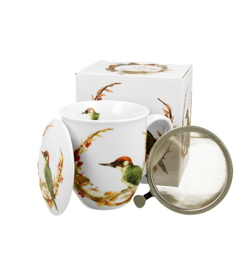 KUBEK Z ZAPARZACZEM POKRYWKĄ DO ZIÓŁ HERBATY DUO DZIĘCIOŁ NA PREZENT 400 ML