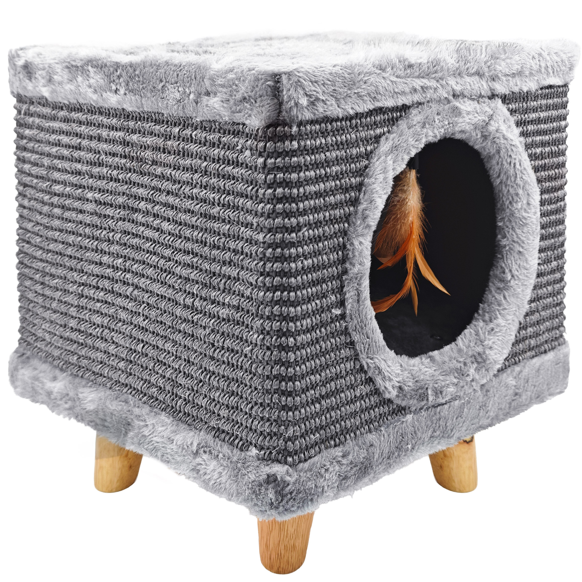 Robustní škrabadlo pro kočky, malé 38 cm, šedé s peřím a pelíškem Cabin I
