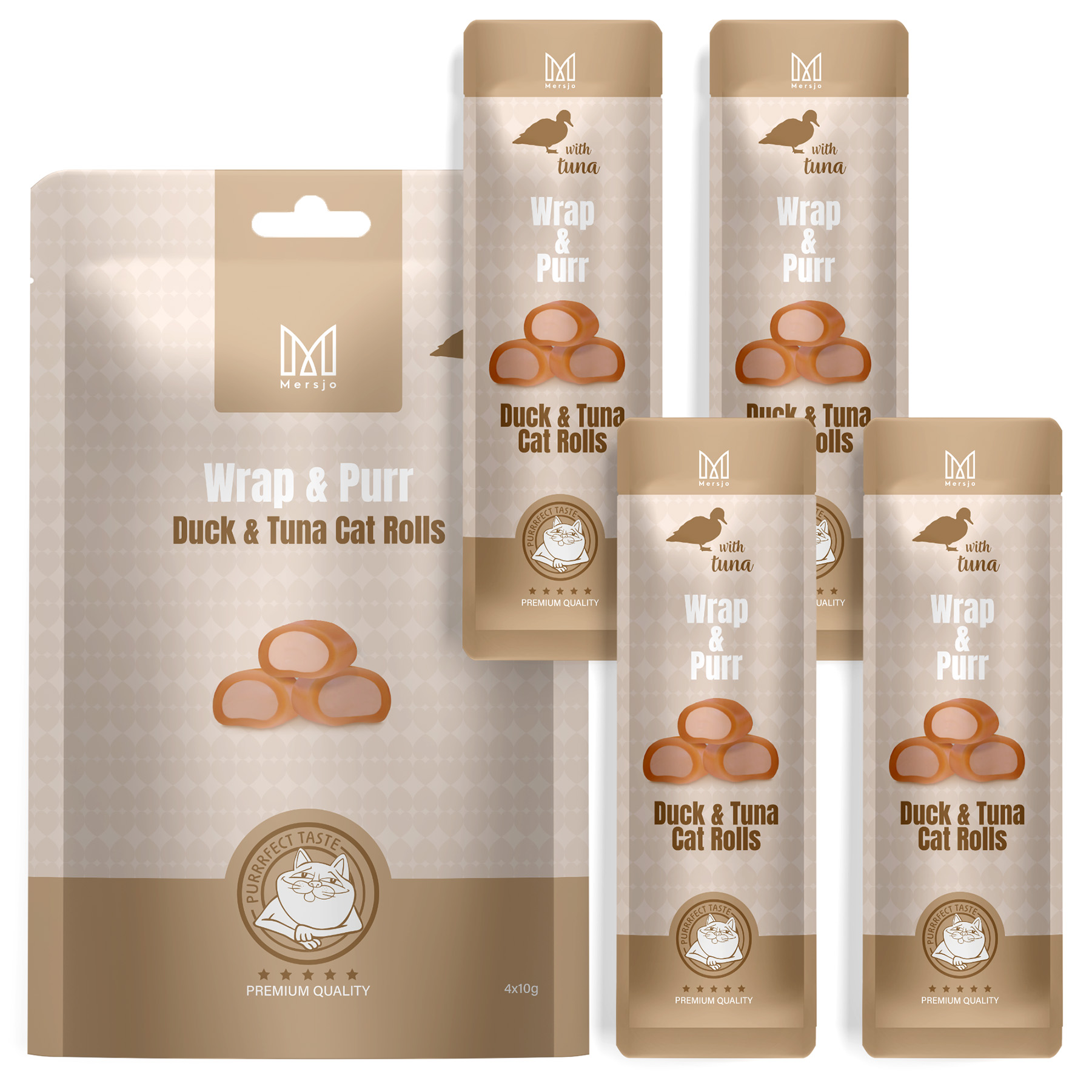 Lahůdka pro kočky – Wrap & Purr: Kachna a tuňák Mersjo 40 g (4 x 10 g)