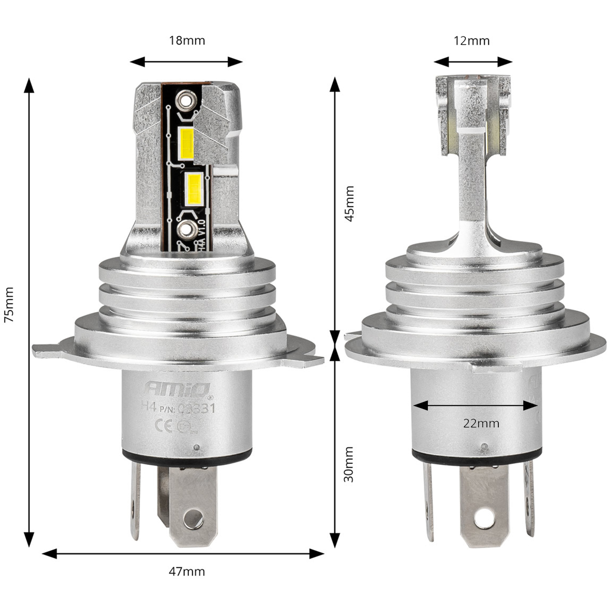 AMiO LED H4 H-MINI - wymiary żarówki