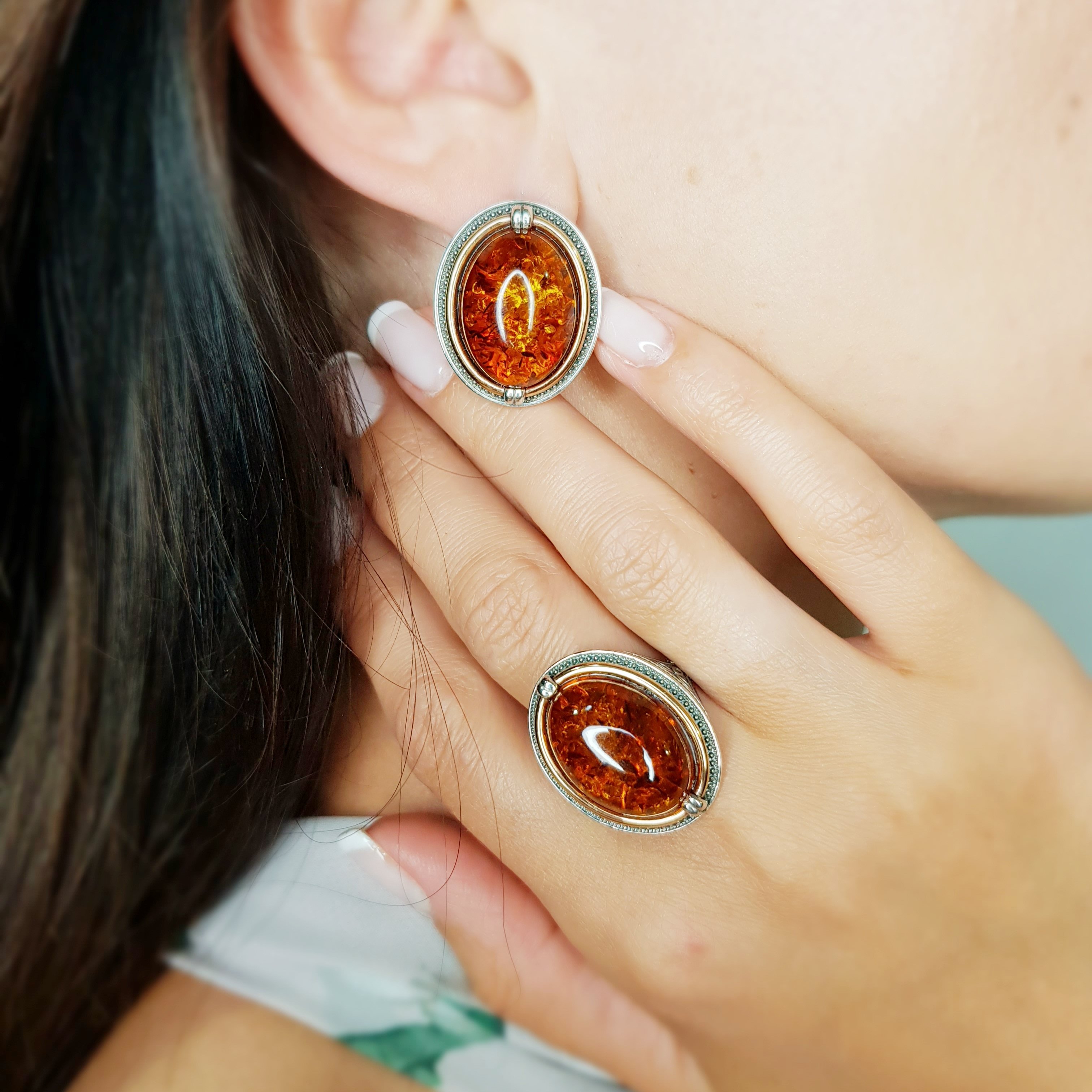 KOLCZYKI SREBRNE ZE ZŁOTEM I BURSZTYNEM  407 zdjęcie 2