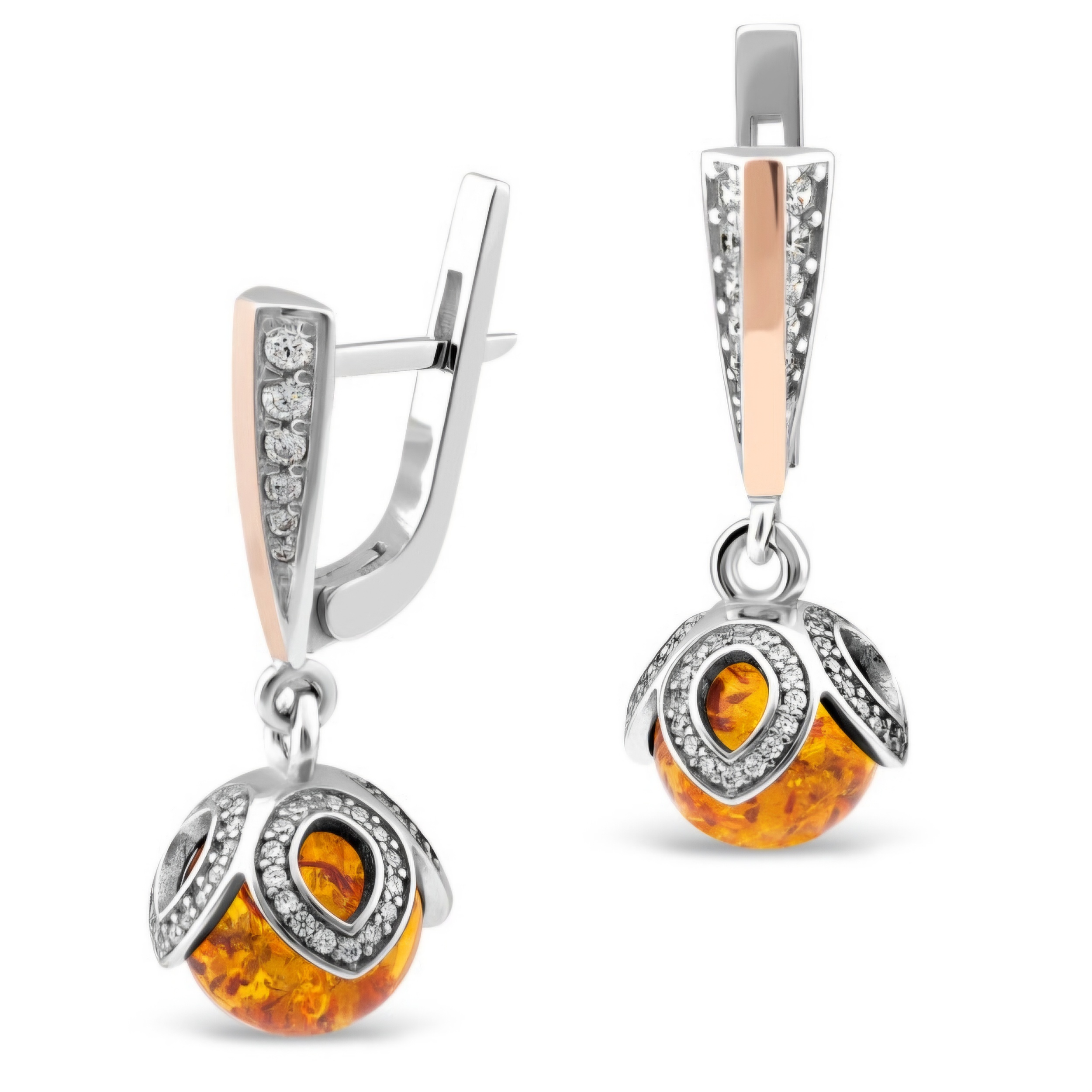 KOLCZYKI SREBRNE ZE ZŁOTEM I BURSZTYNEM  525 zdjęcie 1