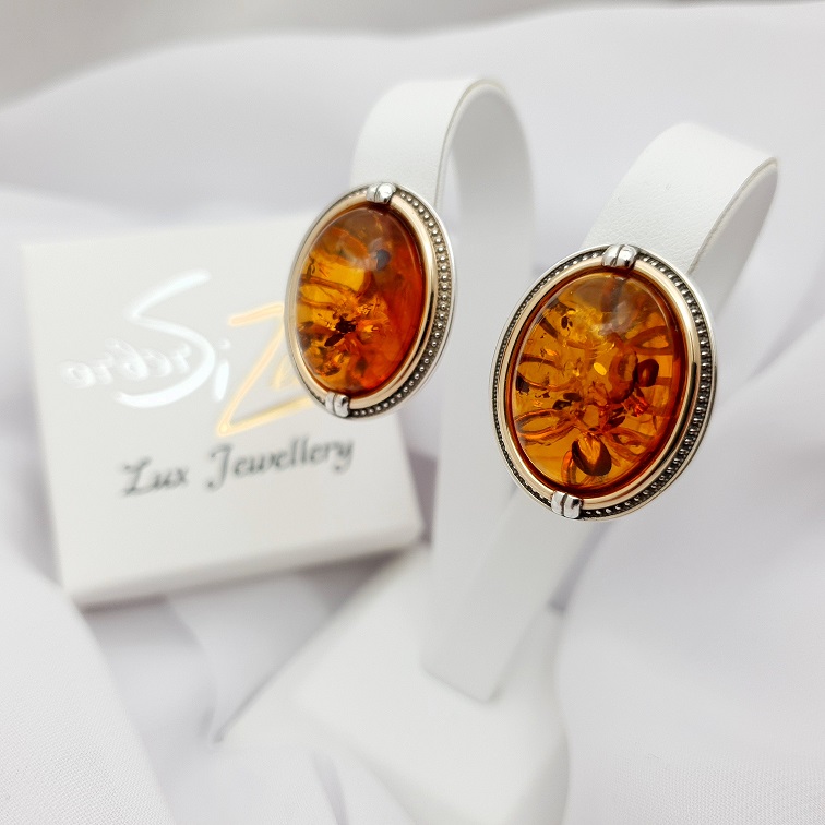 KOLCZYKI SREBRNE ZE ZŁOTEM I BURSZTYNEM  407 zdjęcie 3