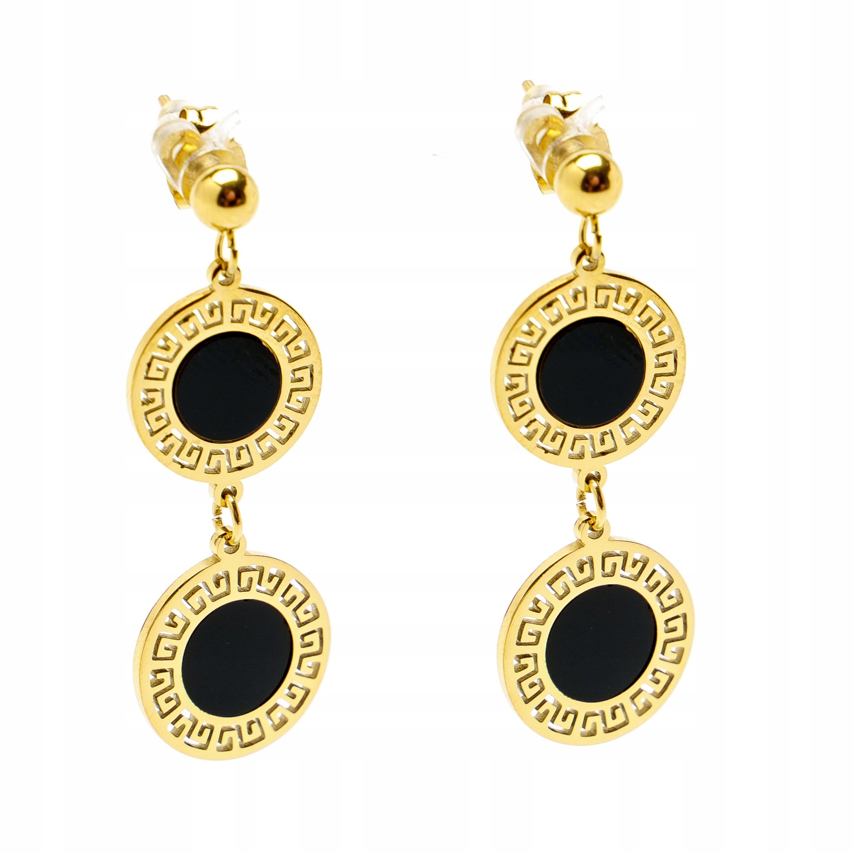 Stalove Złotko - Kolczyki Wiszące Wzór Grecki Czarne Złote Stal 576 Stalove Złotko - Kolczyki Wiszące Wzór Grecki Czarne Złote Stal 576