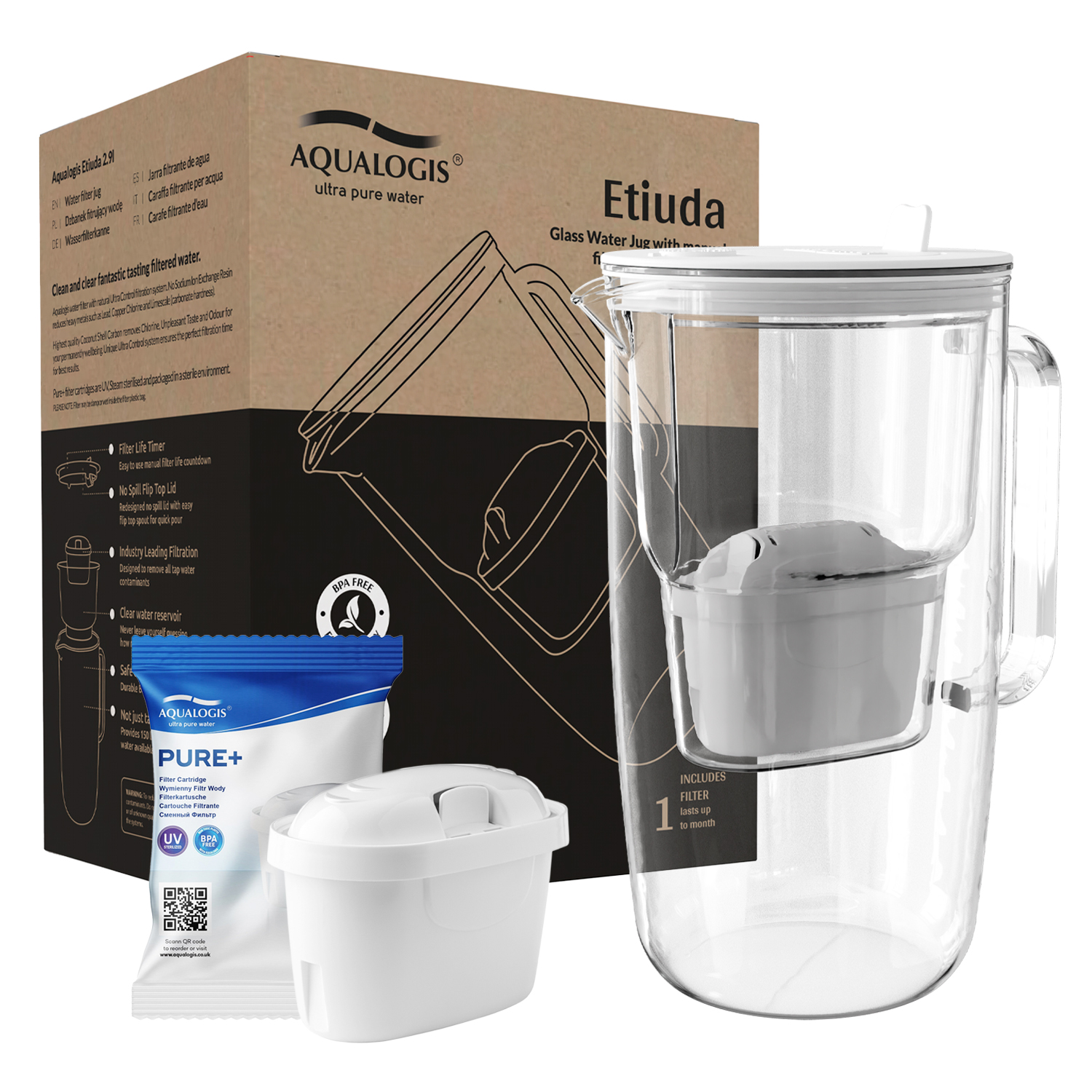 Wasserfilterkanne aus Glas 2.9 L Weiß Kompatibel mit Brita-Wasserfilterkartus