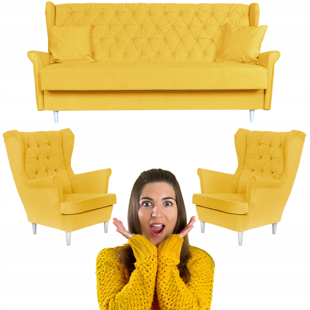Rozkładany zestaw wypoczynkowy z wersalką fotele uszaki ŻÓŁTY Family Meble