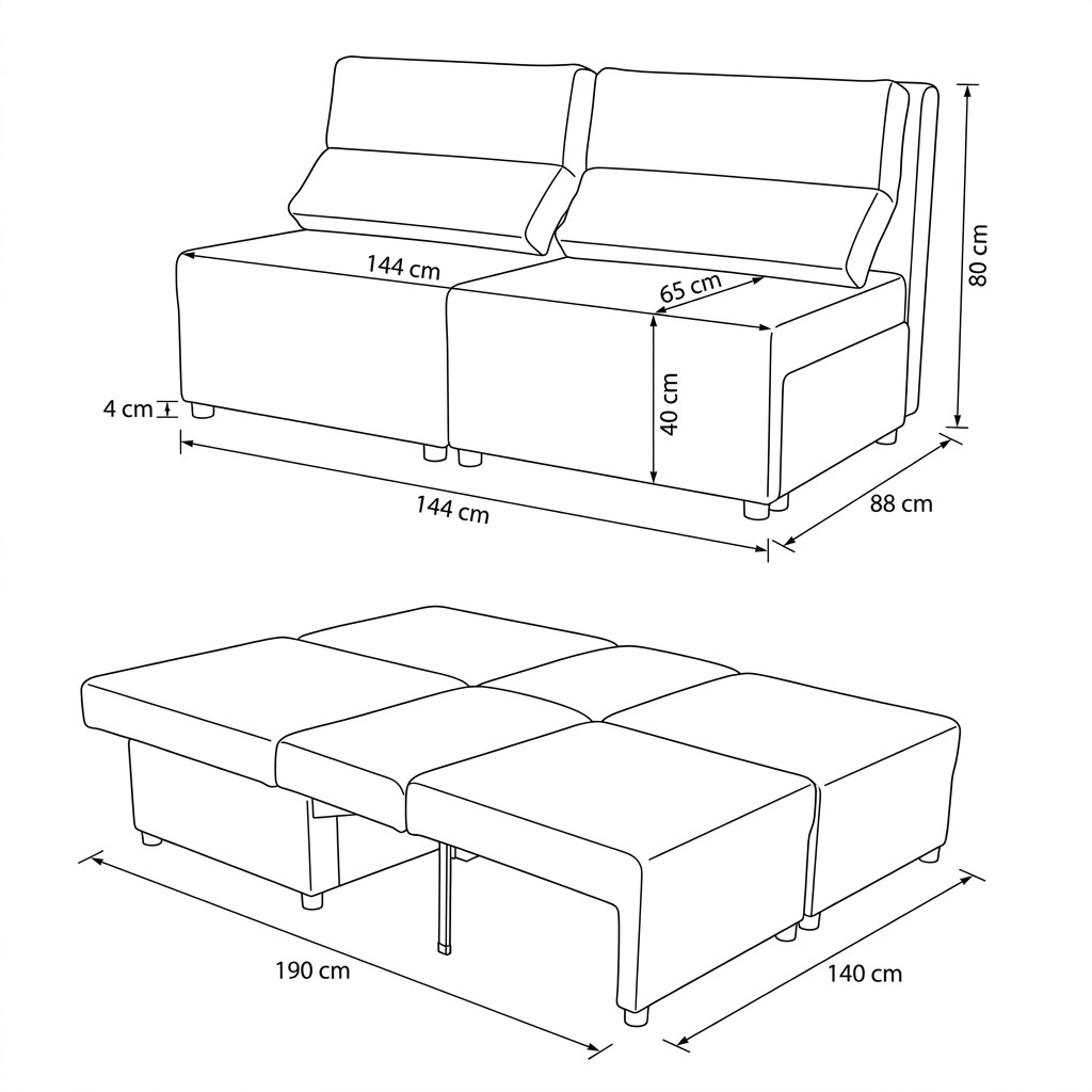 Kanapa 2 os sofa rozkładana spania pojemnik czarny sztruks sztruks KIMO — wymiary