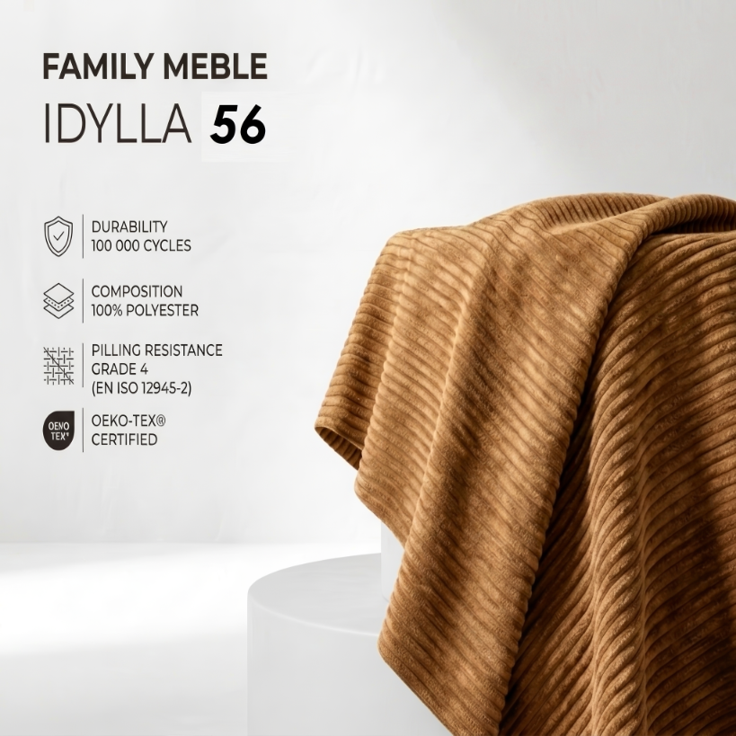 Fotel uszak skandynawski rudy miedziany sztruks wygodny Idylla Family Meble — tkanina